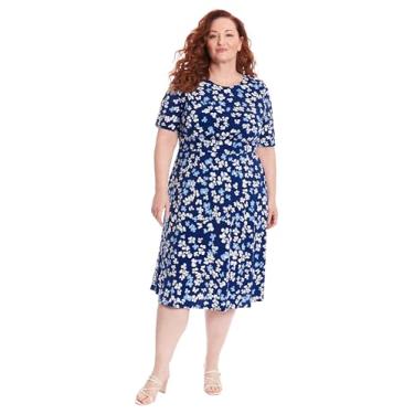 Imagem de London Times Vestido feminino evasê com manga de cotovelo Midi-Pretty Garden Party Special Occasion, Azul-marinho/creme, 48