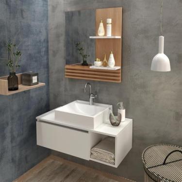 Imagem de Kit Completo Lavabo com Cuba e Espelho Branco Amêndoa Tecno Mobili