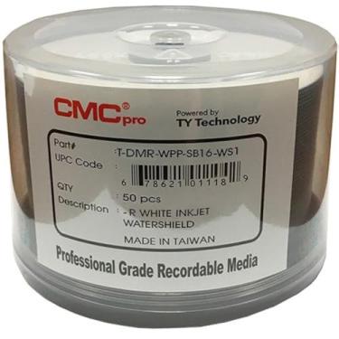 Imagem de CMC Pro – Alimentado pela tecnologia TY Watershield cubo de jato de tinta branco brilhante 16 x DVD-R – pacote com 50