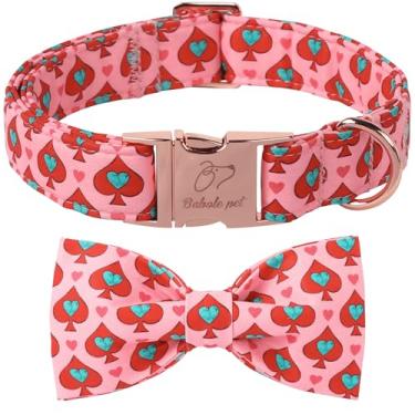 Imagem de Babole Pet Coleira de Dia dos Namorados com laço - Gravata borboleta rosa com padrão de coração pá coleira ajustável resistente para cães de São Valentim para cães pequenos, médios e grandes, M