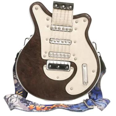 Imagem de Lyuxhetaokdiq Bolsa tiracolo masculina e feminina em formato de guitarra de couro PU exclusiva novidade bolsa de guitarra, Café