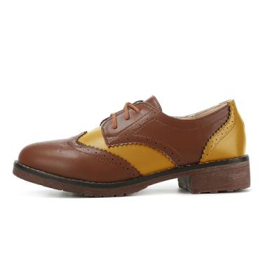 Imagem de Tênis feminino moderno Oxford salto bloco cadarço Derby casual Brogue tênis marrom, Amarelo, 35