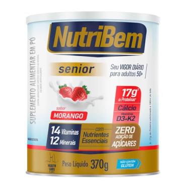 Imagem de NutriBem Senior, Suplemento Alimentar Sabor Morango, 370g, com 17g de Proteínas, Cálcio, Vitaminas D3 e K2, Zero Açúcar, Health Labs