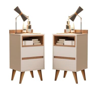 Imagem de Kit Conjunto 2 Mesa Cabeceira Retro Off Branco Pés Palito Gavetas Nicho Madeira Compacta Quarto Cama Moderno White Nature