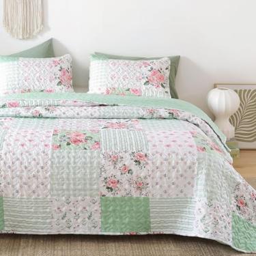 Imagem de YIKUSH Conjunto de colcha floral, tamanho solteiro, conjunto de 2 peças, colchas, edredom verde com 1 fronha, cobertor floral ultramacio com estampa estampada 167 cm x 228 cm.