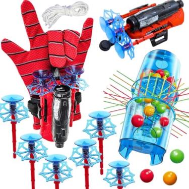 Imagem de Kit Jogo infantil Tira Vareta Tubo pega vareta classico brinquedos infantis + 2 Luvas aranha spider lança teia com linha lançador presente menino dia das crianças 5 anos natal