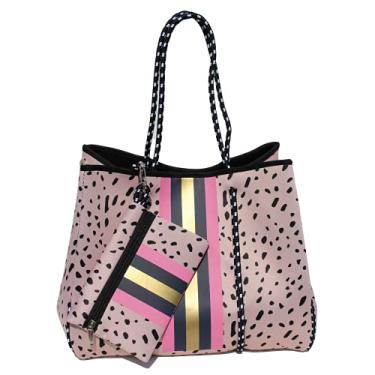Imagem de Crafters Cup Leopard Neoprene Tote | Beach Tote, Gym Bag | Matching Zipper Pouch Included | Tan with Black Dots Design, Tan, Black, Pink, Gold, Navy Blue, Large