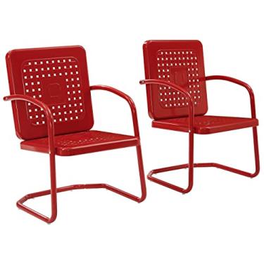 Imagem de Crosley Furniture CO1025-RE Bates Conjunto de 2 peças de cadeiras de braço de metal retrô para ambientes externos, brilho vermelho brilhante
