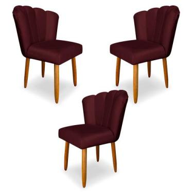 Imagem de Kit 3 Cadeiras de Jantar Pétala Estofada Pés Palito Veludo Bordô - Mon