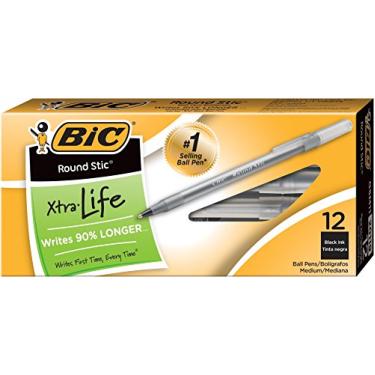 Imagem de BIC Caneta esferográfica Round Stic Xtra Life, ponta média (1,0 mm), preta, 12 unidades