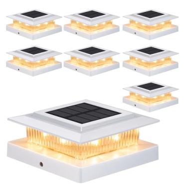 Imagem de Luzes de poste com 8 unidades, poste de cerca de deck 4 x 4 luzes solares externas com iluminação branca quente, luzes solares brancas à prova d'água para postes de vinil/madeira para decorar cerca,