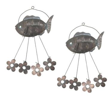 Imagem de Sino Dos Ventos Peixe Flores Kit 2 Unidades Jardim Quintal Decoraçao Varanda Enfeite Ambiente Externo