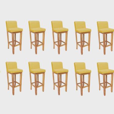 Imagem de Kit 10 Banqueta Alta Com Encosto Aila Balcão Bistrô Base Madeira Maciça Corino Amarelo - Ahz Móveis