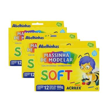 Imagem de Massa de Modelar 12 Cores Soft Acrilex Kit 3 Caixas 180g Infantil Escolar Massinha Macia Atoxica Base Amido