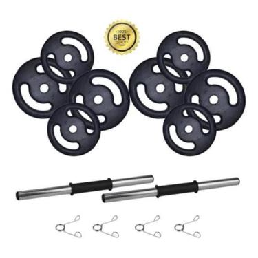Imagem de Kit 20Kg Anilha/ Halteres De Ferro Premium + Barra Oca