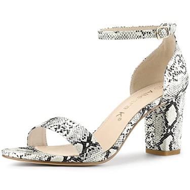 Imagem de Allegra K Sandália feminina de salto grosso com tira no tornozelo, Cobra branca, 36