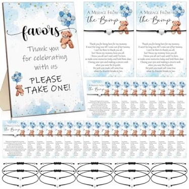 Imagem de Thyle Conjunto de 50 lembrancinhas de jogos de chá de bebê de urso para convidados 50 mensagens do cartão The Bump 50 pulseira de coração ajustável sinal de madeira chá de bebê presente de