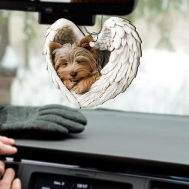 Imagem de PLIGREAT Adorno de pendurar para carro de cachorro adormecido asas de anjo acessórios para espelho retrovisor Yorkie Shorkie Berloques de madeira decorativos de madeira para porta de janela decoração