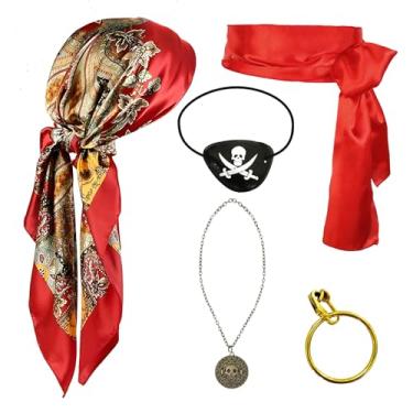 Imagem de Conjunto de acessórios de fantasia de pirata para Halloween, chapéu bandana de festa de pirata, feminino, lenço de cabeça, cinto, cinto de capitão, vestido, Estilo - 5 peças, Tamanho Único