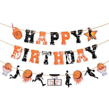 Imagem de Banner de feliz aniversário de basquete - decoração de festa com tema esportivo laranja e preto com aros de basquete e design de bola de fogo, pré-montado, sem necessidade de bricolage, suprimentos