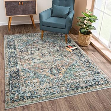 Imagem de Bloom Rugs Tapete lavável antiderrapante 2x3 - azul verde/tangerina tradicional tapete de área oriental para sala de estar, quarto, sala de jantar e cozinha - Tamanho exato: 5 x 7 cm