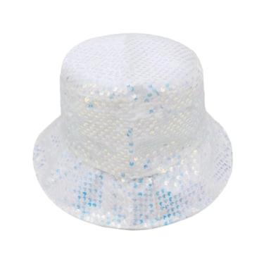 Imagem de RARITYUS Chapéu balde de lantejoulas brilhantes para mulheres e meninas, chapéu de sol com glitter, boné de pescador, chapéu de fantasia de festa rave, Branco, tamanho �nico