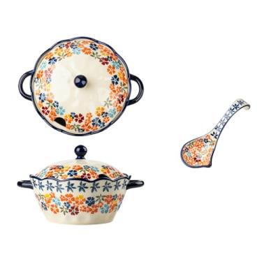Imagem de Conjunto de tigela e prato retrô Bangcheng, conjunto grande de utensílios de mesa de cerâmica para uso doméstico - sombra de flor colorida com tampa panela de sopa (com colher grande)