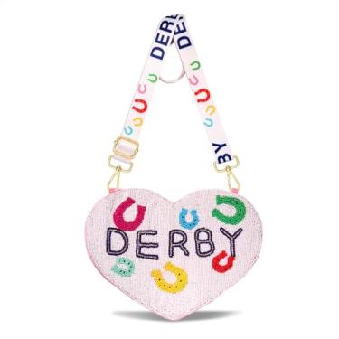 Imagem de CEALXHENY Bolsa Derby feminina com contas em ferradura rosa bolsa tiracolo bolsa de ombro para dia de corrida de cavalos roupas Derby presentes, Branco