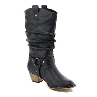 Imagem de Botas femininas de cano médio, cowboy, botas de cano médio envelhecidas, descontraídas, anel redondo, salto bloco, botas de montaria, Preto, 11