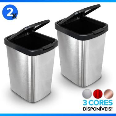 Imagem de Kit 2 Lixeira 9L Metalizado c/ Tampa Click Banheiro Cozinha - Arqplast