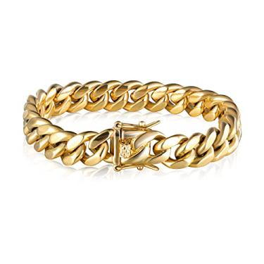 Imagem de ZSLLZM Corrente de elos cubanos Miami para homens, corrente banhada a ouro real 14k, pulseira de aço inoxidável sólido, joia hip hop 10 mm/12 mm/14 mm, 8-8,5 polegadas, One Size, Metal, Zircônia