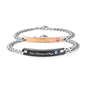 Imagem de SunnyHouse Jewelry Conjunto de joias para ele e para ela, conjunto de bracelete de casal de titânio em aço inoxidável para seu anjo, seu demônio, em uma caixa de presente