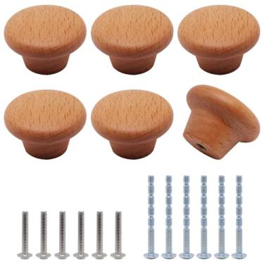 Imagem de YuGtcen 6 maçanetas de armário de madeira, puxadores de cômoda de madeira, puxador redondo moderno para móveis armário gaveta gaveta porta de armário (plano redondo, diâmetro 3,9 cm)