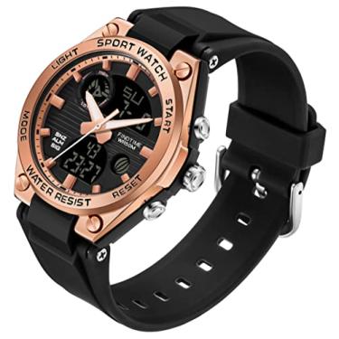Imagem de findtime Relógio digital feminino esportivo à prova d'água, analógico, militar, tático, retroiluminação, alarme, cronômetro, relógios de pulso, Preto, ouro rosa, relógio feminino