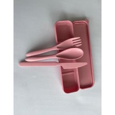 Imagem de Conjunto De Talheres Fibra de Trigo Estojo Colher Garfo Faca Reutilizável - MELLUZ (Rosa)