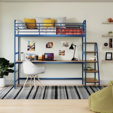 Imagem de Conjunto Cama Alta Infantil / Juvenil com Mesa de Estudos Teko Casatema Azul/ Álamo