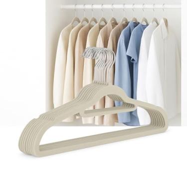 Imagem de Kit 10 Cabide de Veludo Slim Fininho Antideslizante Pra Roupas de Adulto Closets Guarda Roupas (Bege)