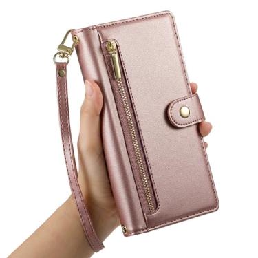 Imagem de LYJSMGZ Capa flip para iPhone 16E, carteira de couro liso de alta capacidade, compartimentos para cartões, capa de telefone com borda macia, capa de proteção completa, rosa, 16E