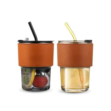 Imagem de 1 Copo De Vidro Grosso 380ml Canudo + Tampa Anti-vazamentos P/Café Chás Envio Sortido Fume Ambar