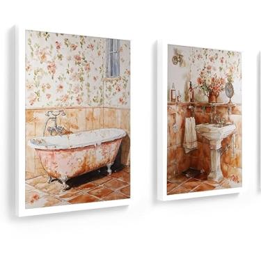 Imagem de Kit 2 quadros 18x24 cm com vidro, banheiro, lavabo, Pastel (branco)