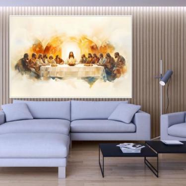 Imagem de Quadro decorativo santa ceia aquarela - MeMoldura, Moldura Branca, 60X