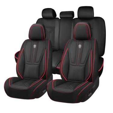 Imagem de Arazi 5 capas de assento completas personalizadas para Toyota RAV4 2013-2025, cobertura total de couro napa impermeável premium (5 assentos padrão, linha preta e vermelha)