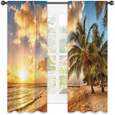 Imagem de Cortinas blackout para quarto de praia, praia de areia tropical com horizonte ao pôr do sol e coqueiros foto de verão, decoração de janela de festa de cerimônia de casamento, decoração de janela de