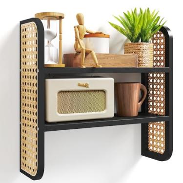 Imagem de YEMNMFH Prateleira de parede de vime preta de 2 camadas, lindas prateleiras de pendurar para livros, prateleiras decorativas naturais, prateleira flutuante boho para berçário, quarto, sala de estar