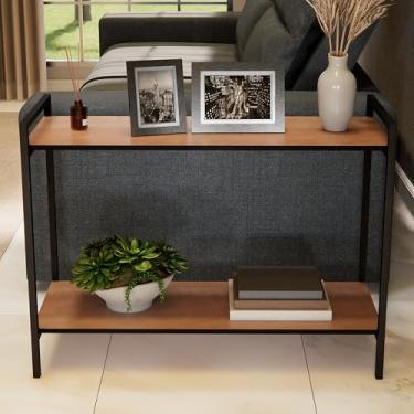 Imagem de Mesa Lateral Sofá Industrial Estrutura Metálica Preta Com Tampo Mdf Moderna Para Sala Cantinho Café Decoração Elegante Freijó