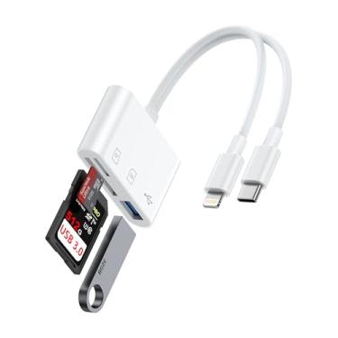 Imagem de Leitor de cartão SD para iPhone, iPad, Samsung, leitor de cartão SD de memória USB C e Lightning de porta dupla, leitor de cartão micro SD com adaptador de câmera USB Plug and Play, visualizador de
