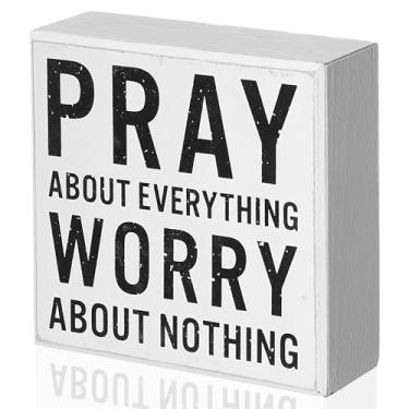 Imagem de Decoração de mesa cristã sinal caixa de madeira fazenda versos bíblicos decoração de parede orar sobre tudo se preocupar com nada placa de bloco de madeira escritura inspiradora para presentes de