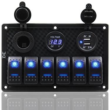 Imagem de FXC Painel de interruptor de balancim para barco à prova d'água 6 gangues com duplo encaixe USB + isqueiro de cigarro + display de tensão digital luz de LED para carros veículos Rv caminhão (6 gangues luz azul)