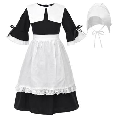 Imagem de JerrisApparel Fantasia de menina pioneira colonial vestido de pradaria infantil fantasia de peregrino, Preto, 6-7 Anos