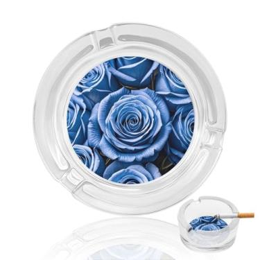 Imagem de Cinzeiro de vidro de cristal de rosas com padrão de flor azul, cinzeiro redondo de vidro resistente para fumar cinzeiro portátil decorativo moderno para uso em casa, escritório, interior, exterior